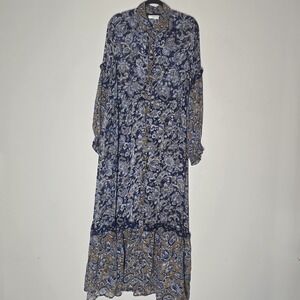 Miss June Paris Paisley Maxi Dress Sheer Boho Tiered Ruffle Blue Brown One Size